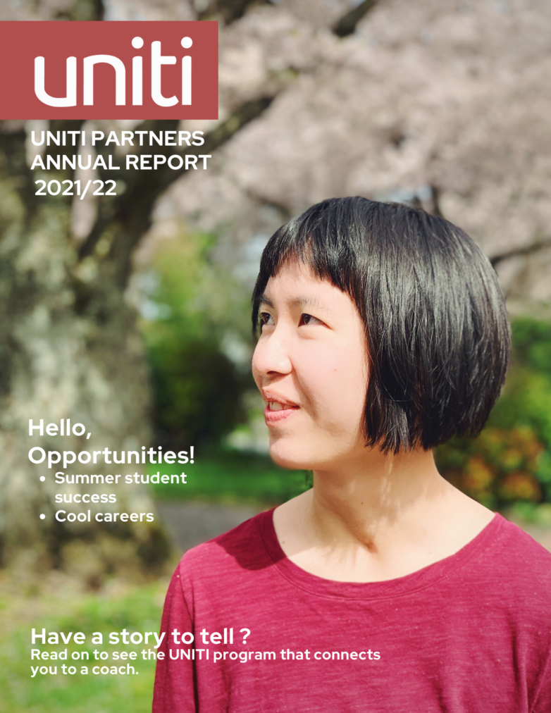 Front cover for the UNITI annual report for 2021-2022 with a female community member looking to the right in front of a cherry blossom tree.