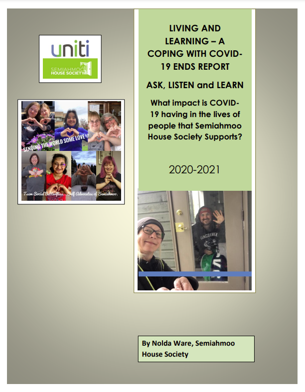 Cover of the 2020/21 ENDs report with photos of people in the UNITI community and Nolda Ware, the Family Supports and Services Manager.