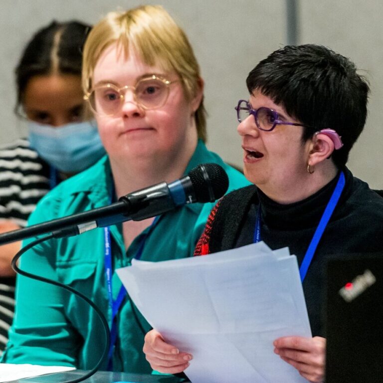 Michaela and Jen presenting at the Inclusion BC conference in 2022 on behalf of the Self Advocates of Semiahmoo.