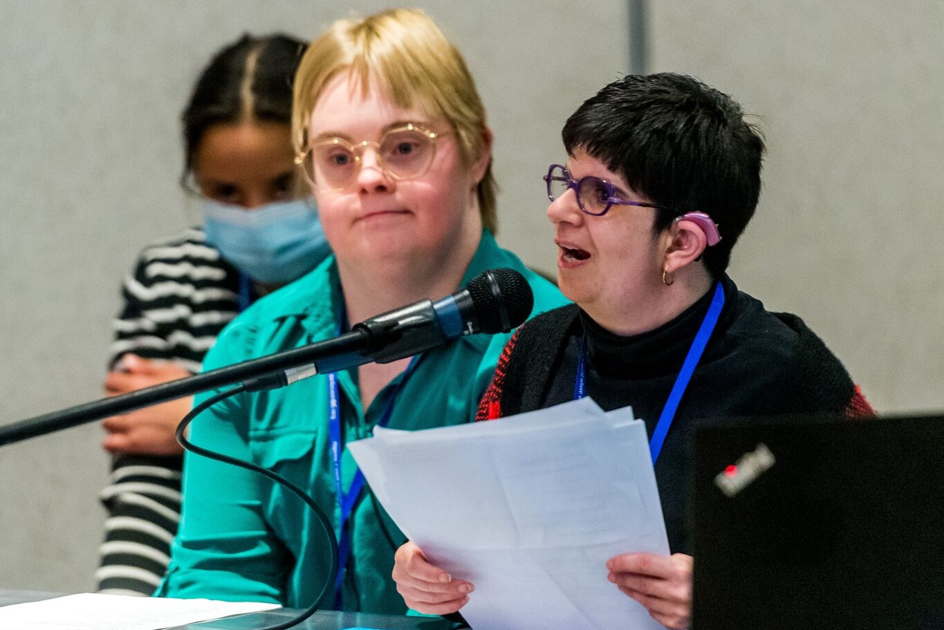 Michaela and Jen presenting at the Inclusion BC conference in 2022 on behalf of the Self Advocates of Semiahmoo.